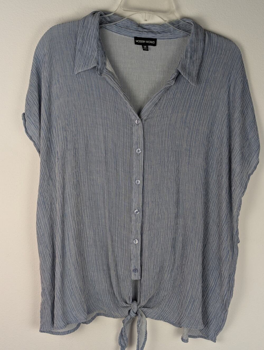 Modern Works 3X Blue Striped Crinkle Gauze Tie Front Short Sleeve Blouse Top